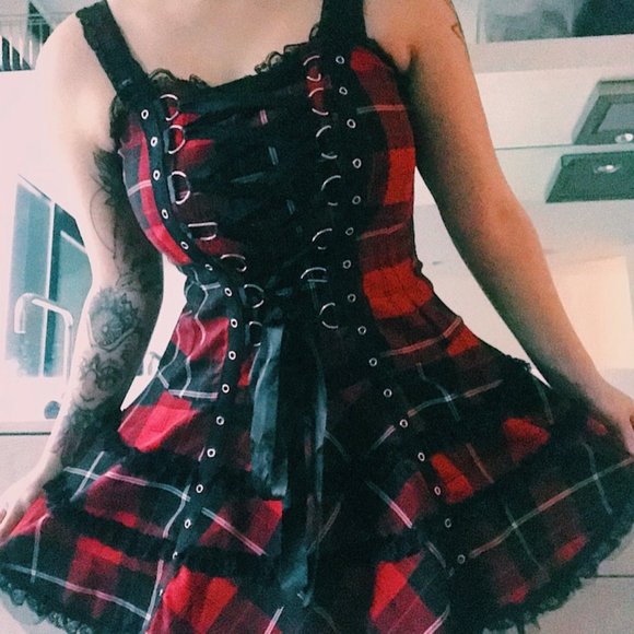 Hell Bunny Dresses & Skirts - Hell Bunny M Red Tartan Lace Up Mini Dress